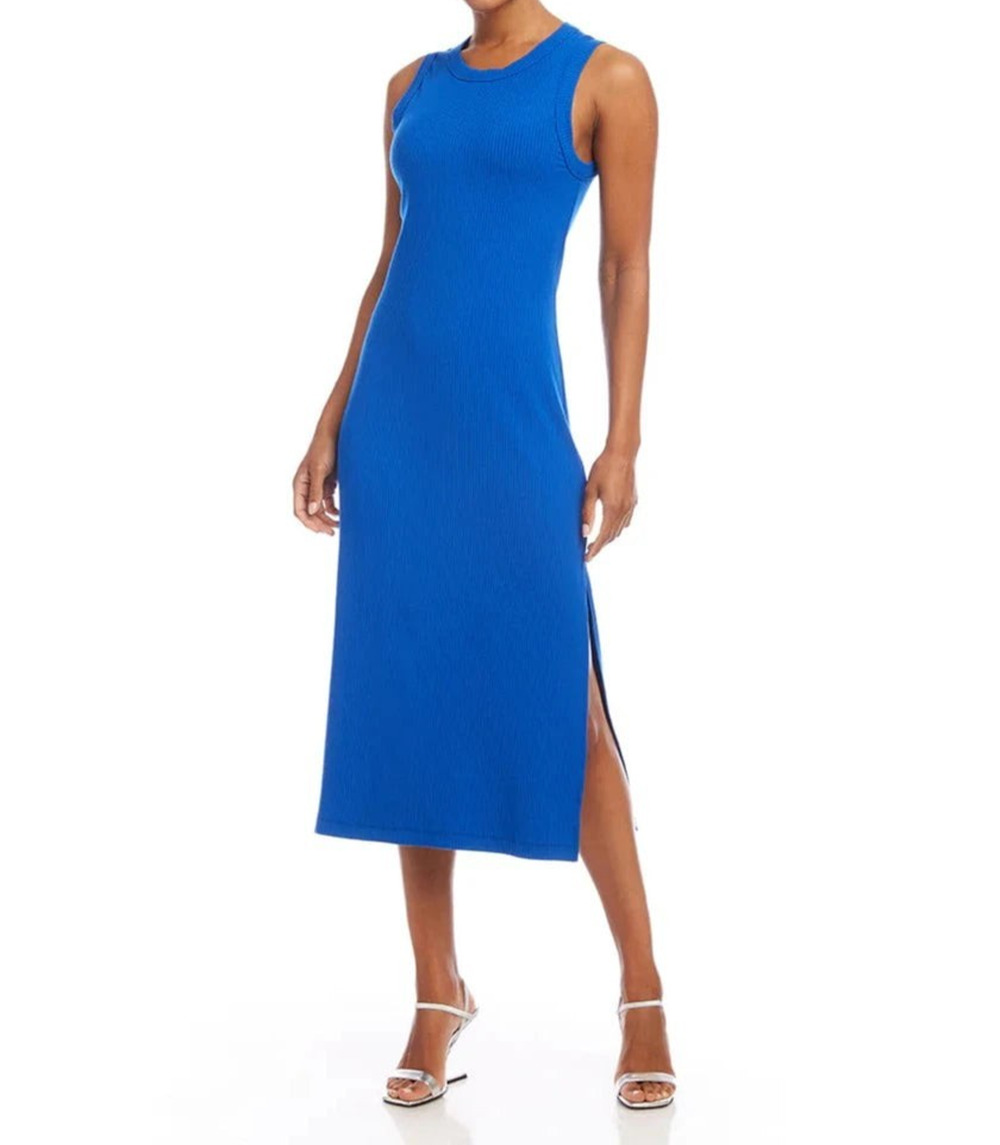 Karen Kane Women's Blue Rib Knit Midi Column Dress Sleeveless Side Slit Small
